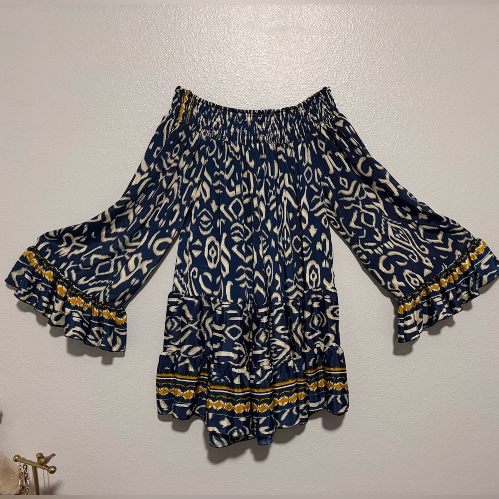 Stylish Bohemian Blue and Yellow Women's Off the shoulder Mini Dress 👌Pre-owned